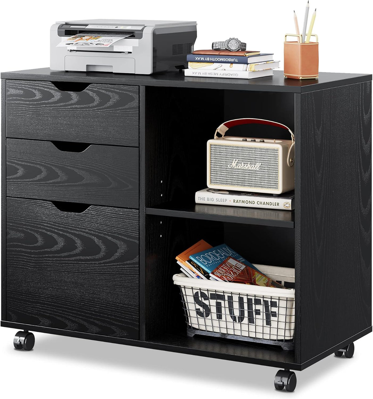 3 Drawer Wood File Cabinet with Storage Shelves, Rustic Brown O855041