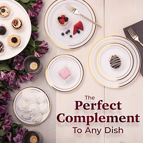 100 White Plastic Plates with Gold Trim, 50 Dinner Plates 10.25" + 50 Salad Plates 7.5" P827720