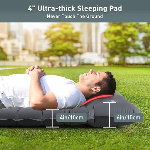 Double Sleeping Pad, 4" Ultra-Thick Self Inflating Camping Pad 2 Person with Pillow Built-in Foot Pump W7266