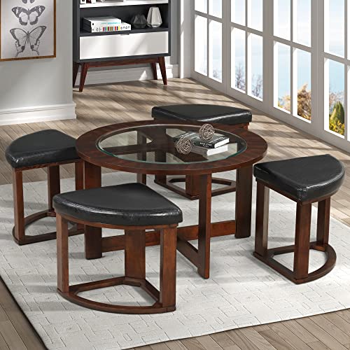 Solid Wood Glass Top Round Coffee Table with 4 Stools L8387