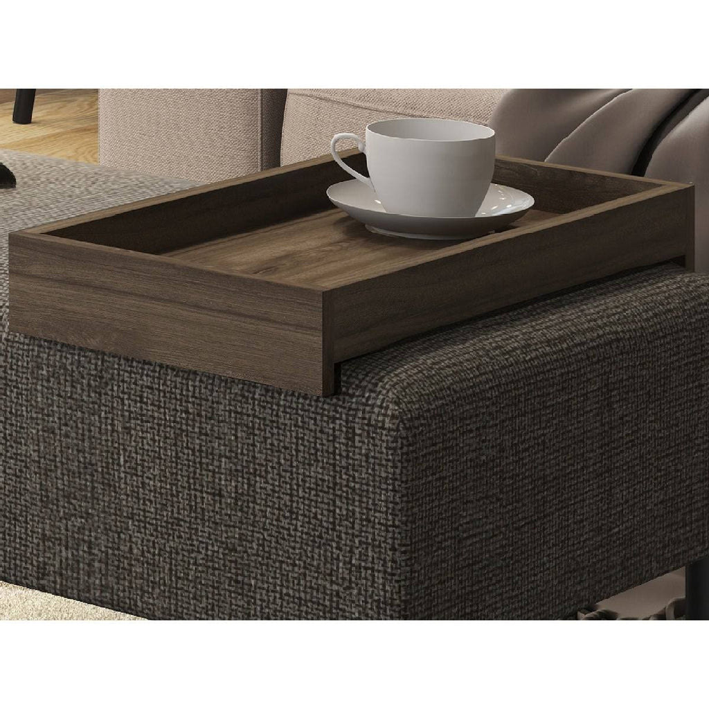 Dark Brown Fabric Bench with Black Base and Dark Oak Tray I706