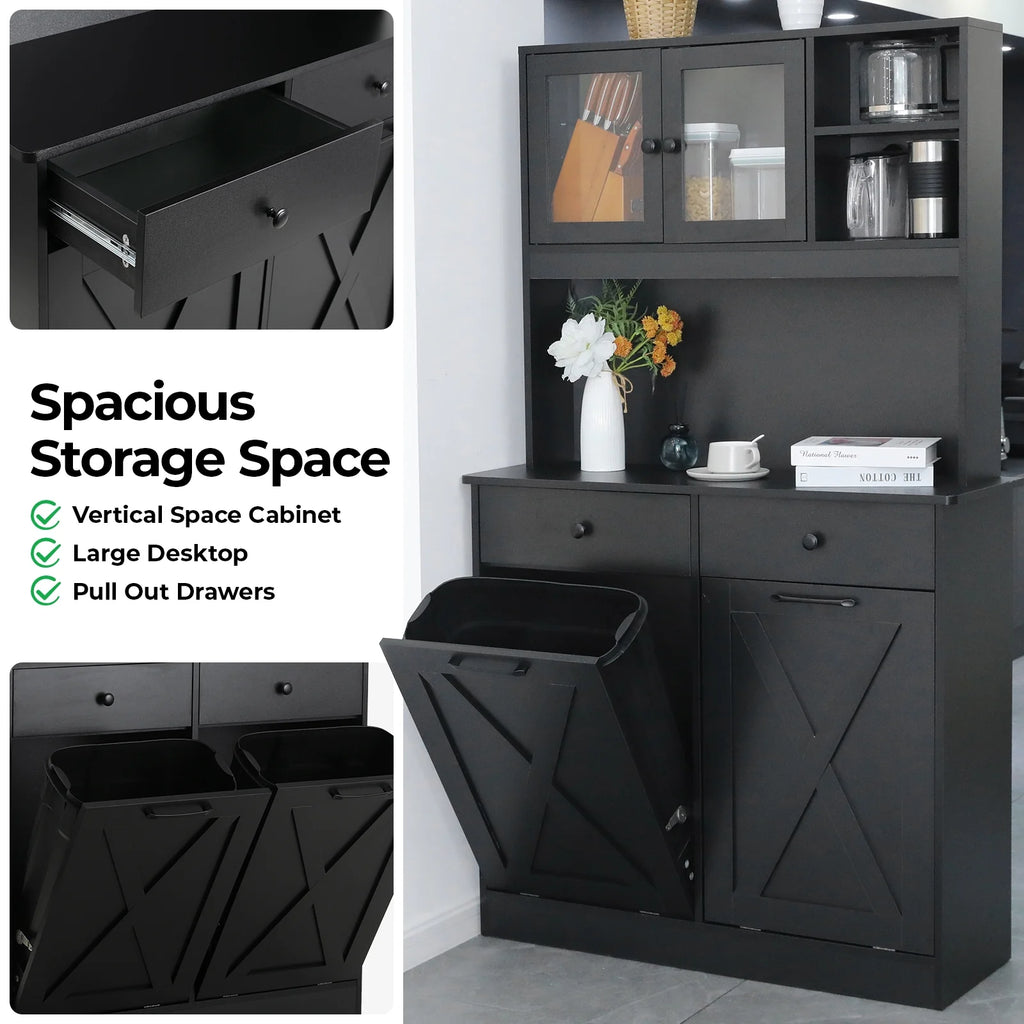 Wooden Double Tilt Out Trash Cabinet with Drawers, Shelves S48174
