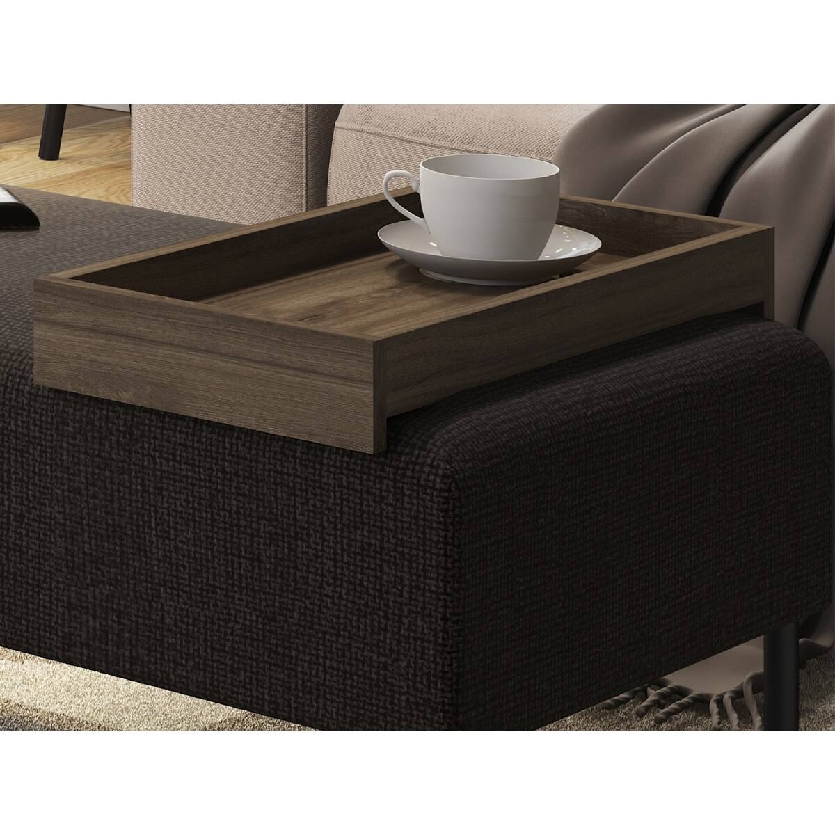 Dark Brown Fabric Bench with Black Base and Dark Oak Tray I706