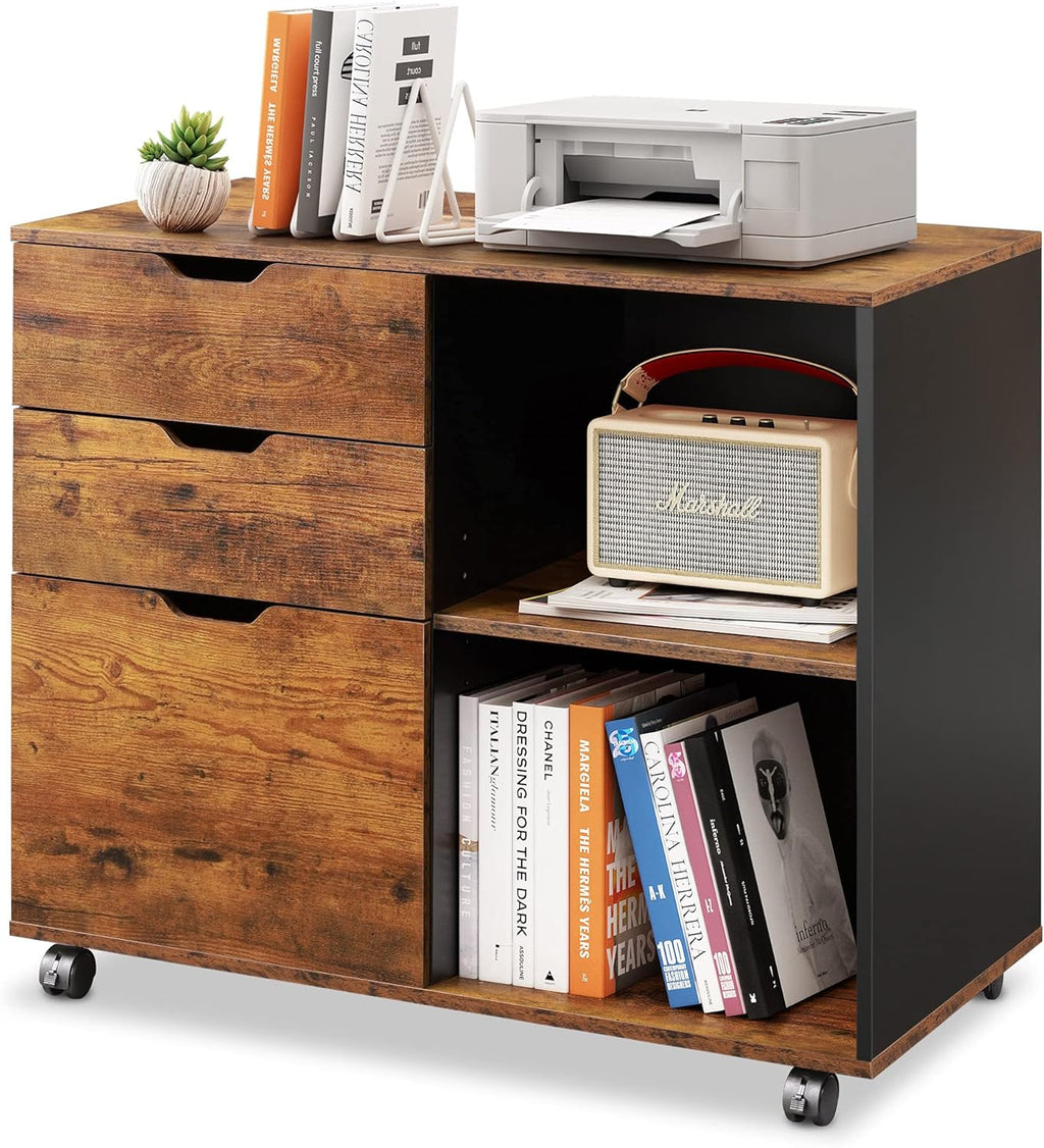 3 Drawer Wood File Cabinet with Storage Shelves, Rustic Brown O855041