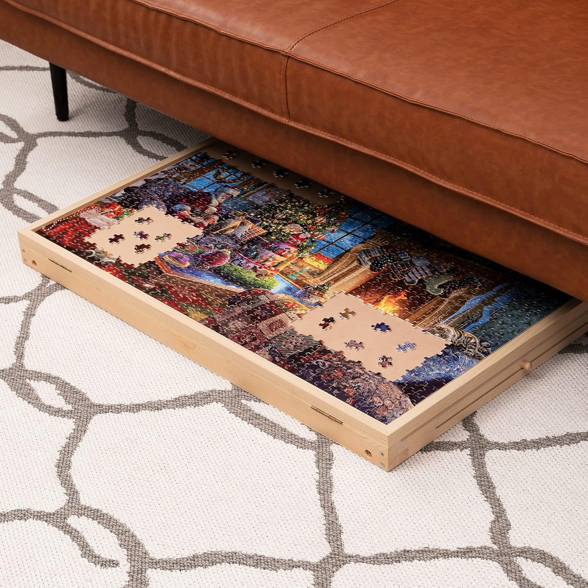 Tilting Puzzle Table with 2 Drawers, Adjustable Jigsaw Puzzle Board, Portable Wooden Puzzle Plateau with Folding Legs & Non-Slip Tabletop B44606
