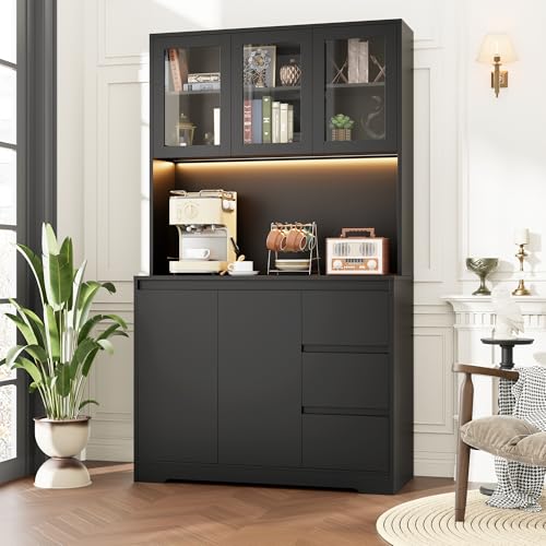 Black 71" Kitchen Pantry Cabinet with LED Lights and Charging Station G310948