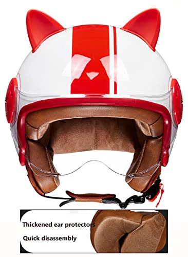 Women's Cat Ear Helmet, Open Face Retro Motorcycle Half Helmets DOT Approved Lightweight Breathable Q568818