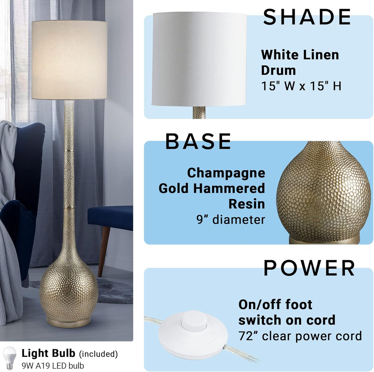 Hammered Metal Floor Lamp with Linen Shade J6957
