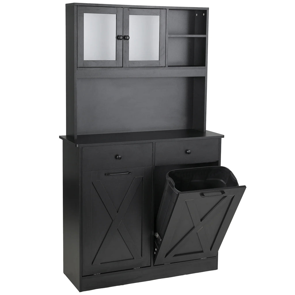Wooden Double Tilt Out Trash Cabinet with Drawers, Shelves S48174