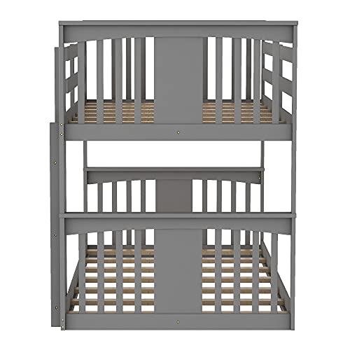 White Twin Over Twin Low Wooden Bunk Bed with Ladder D337297