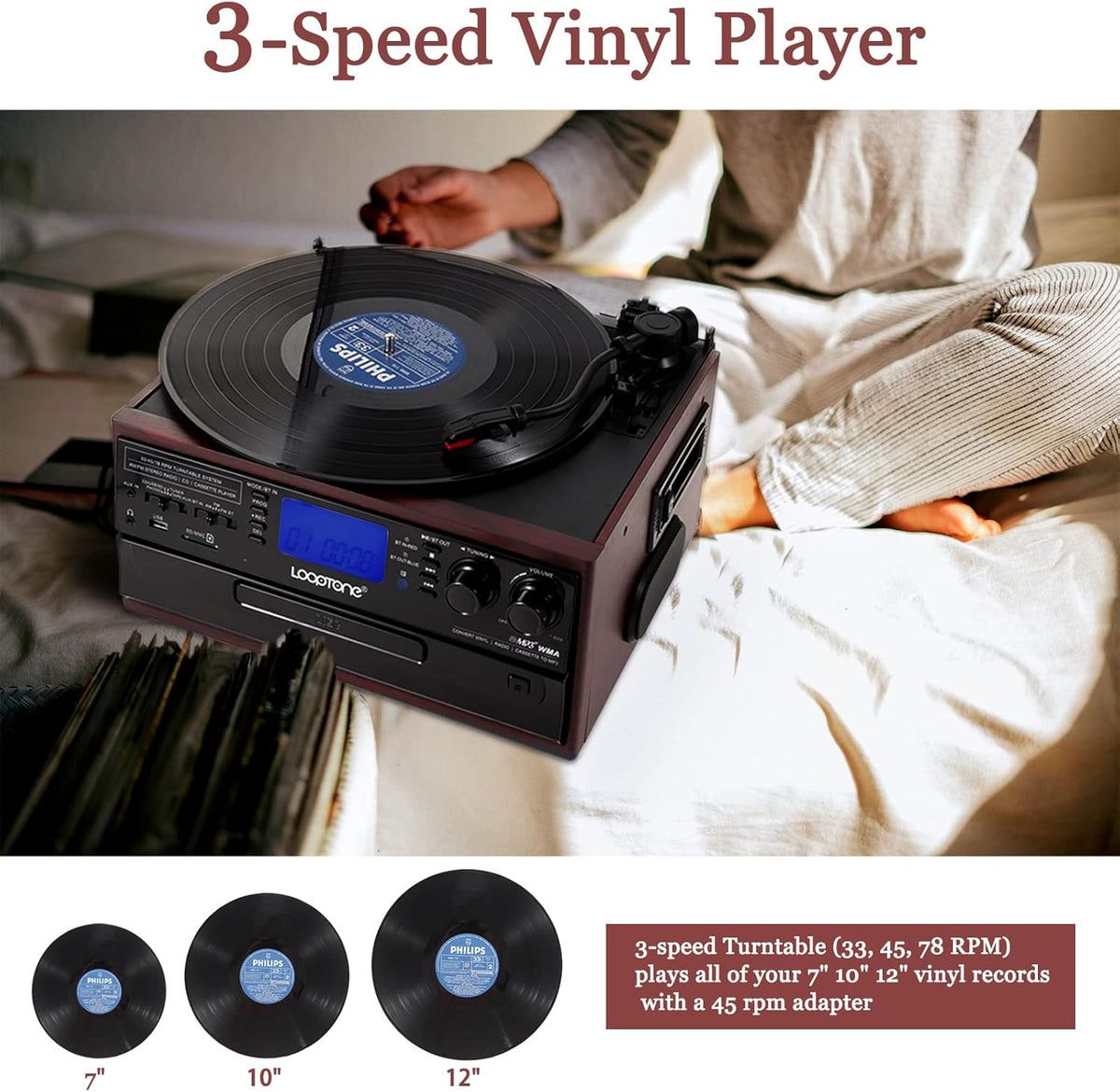 10 in 1 Bluetooth Record Player Turntable with CD Player Cassette AM/FM Radio L48240