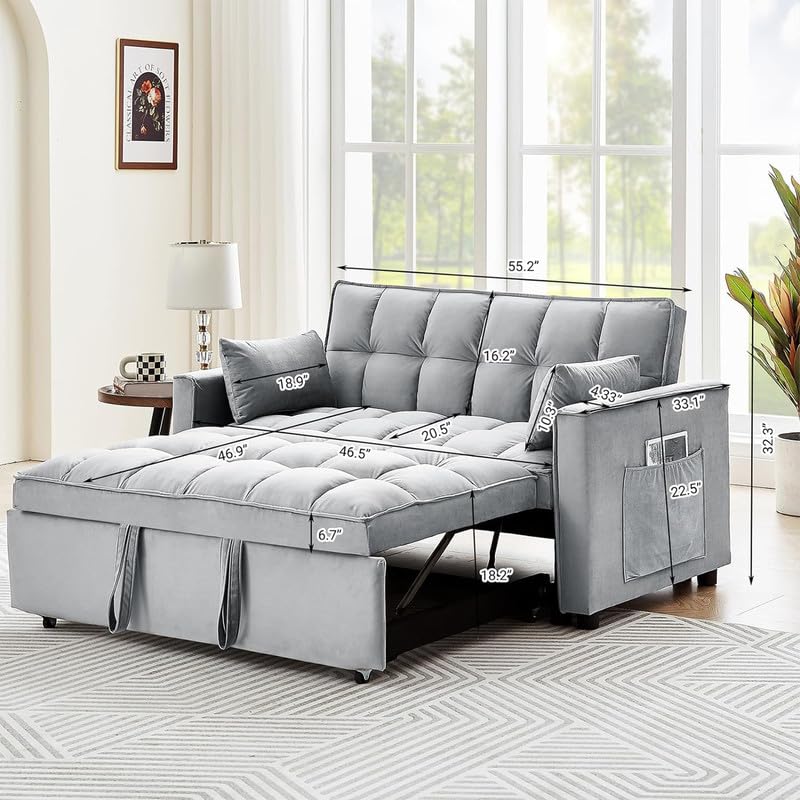 Beige Velvet Convertible Sleeper Sofa Bed with Pull Out Bed X151878