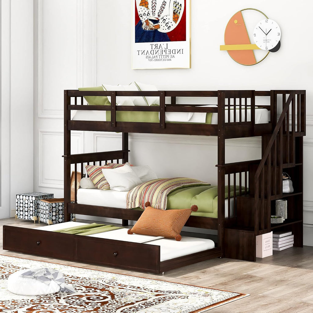 Twin Over Twin Wood Bunk Bed with Trundle and Staircase Z6325