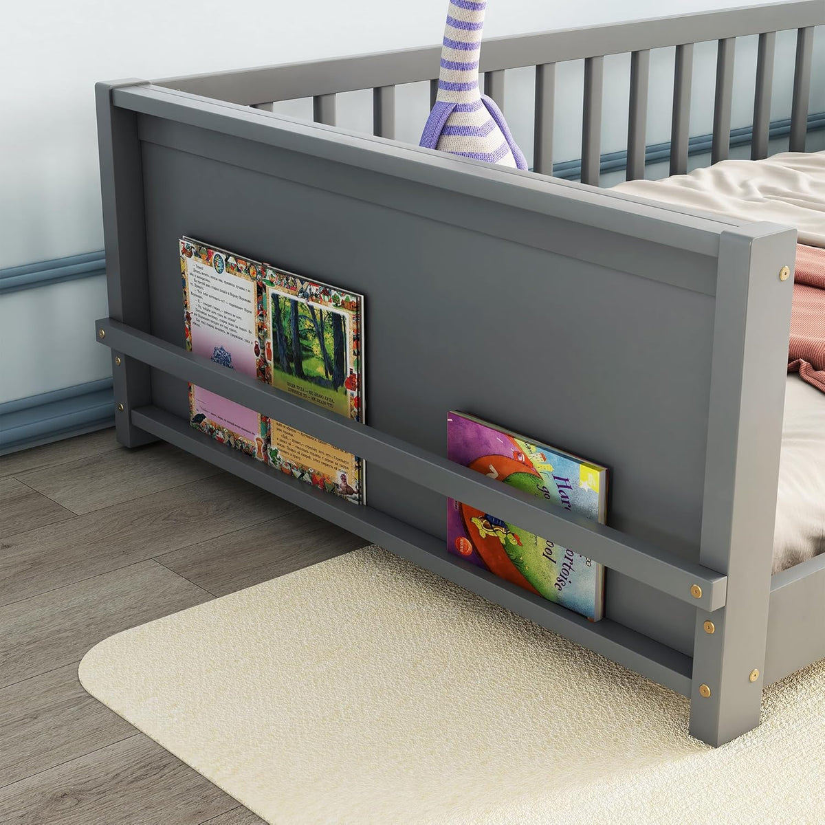 Twin Size Solid Pine Wood Floor Bed Frame with Safety Guardrails and Slats (Grey) Y493786