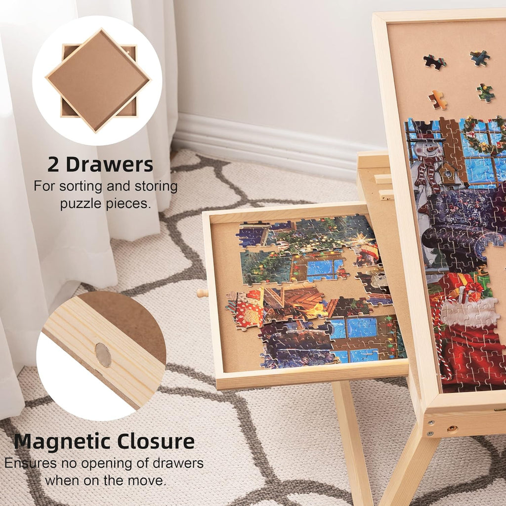Tilting Puzzle Table with 2 Drawers, Adjustable Jigsaw Puzzle Board, Portable Wooden Puzzle Plateau with Folding Legs & Non-Slip Tabletop B44606