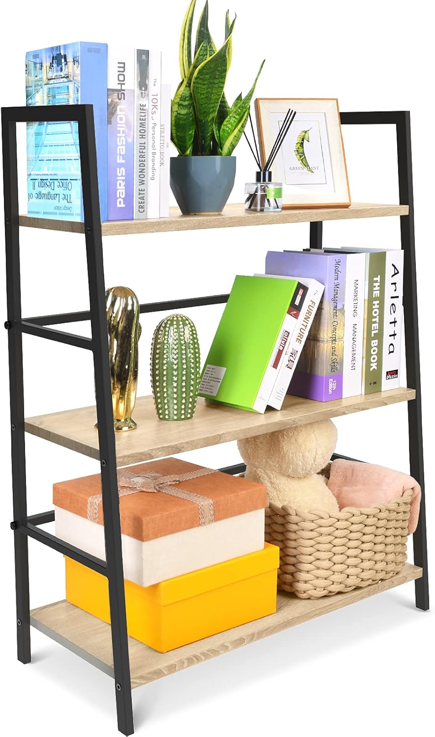 3-Tier Wood Bookshelf with Metal Frame E540