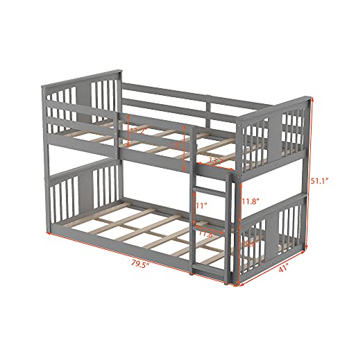 White Twin Over Twin Low Wooden Bunk Bed with Ladder D337297