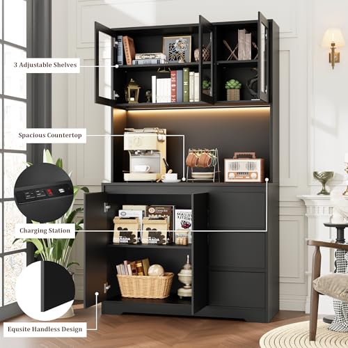 Black 71" Kitchen Pantry Cabinet with LED Lights and Charging Station G310948