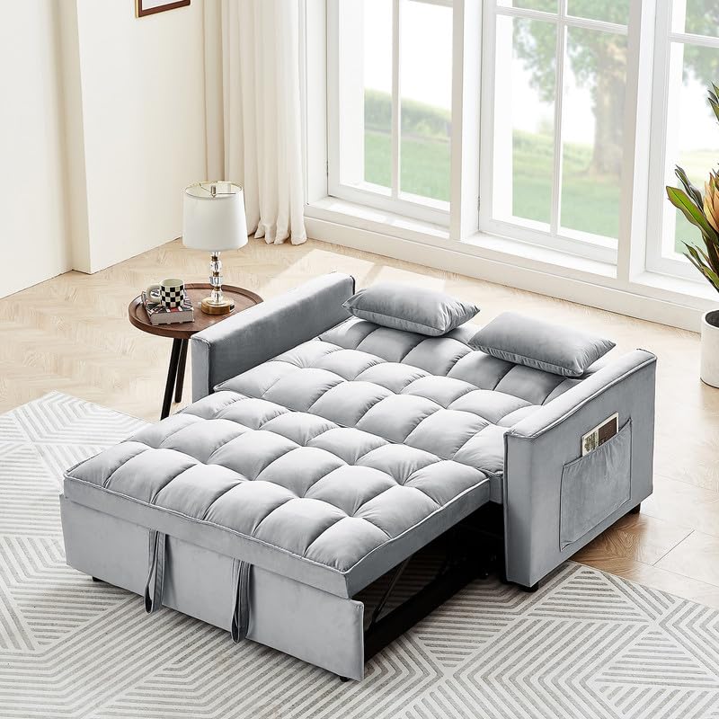 Beige Velvet Convertible Sleeper Sofa Bed with Pull Out Bed X151878