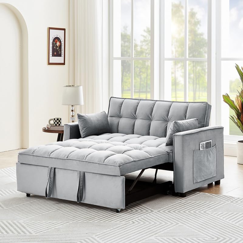 Beige Velvet Convertible Sleeper Sofa Bed with Pull Out Bed X151878