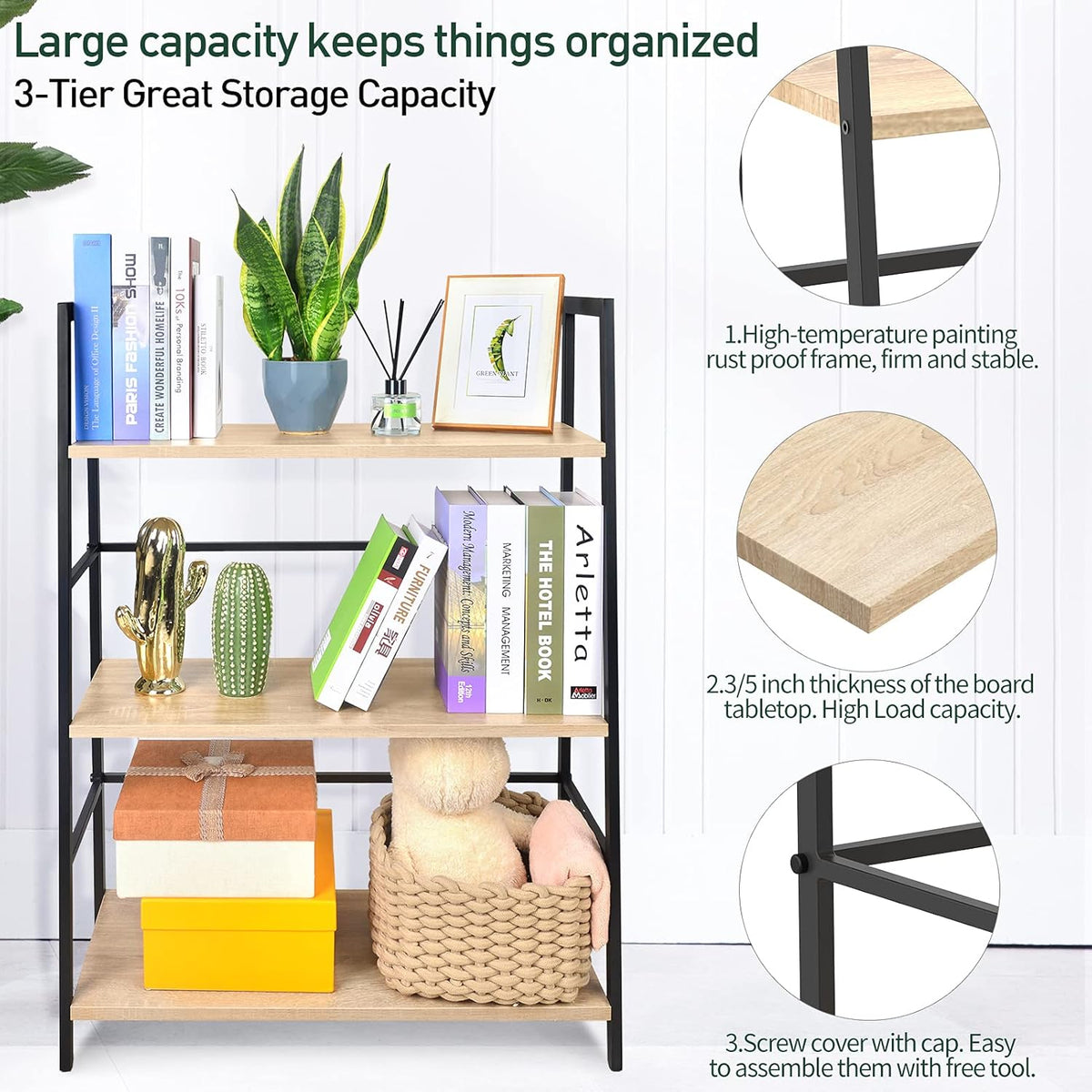 3-Tier Wood Bookshelf with Metal Frame E540