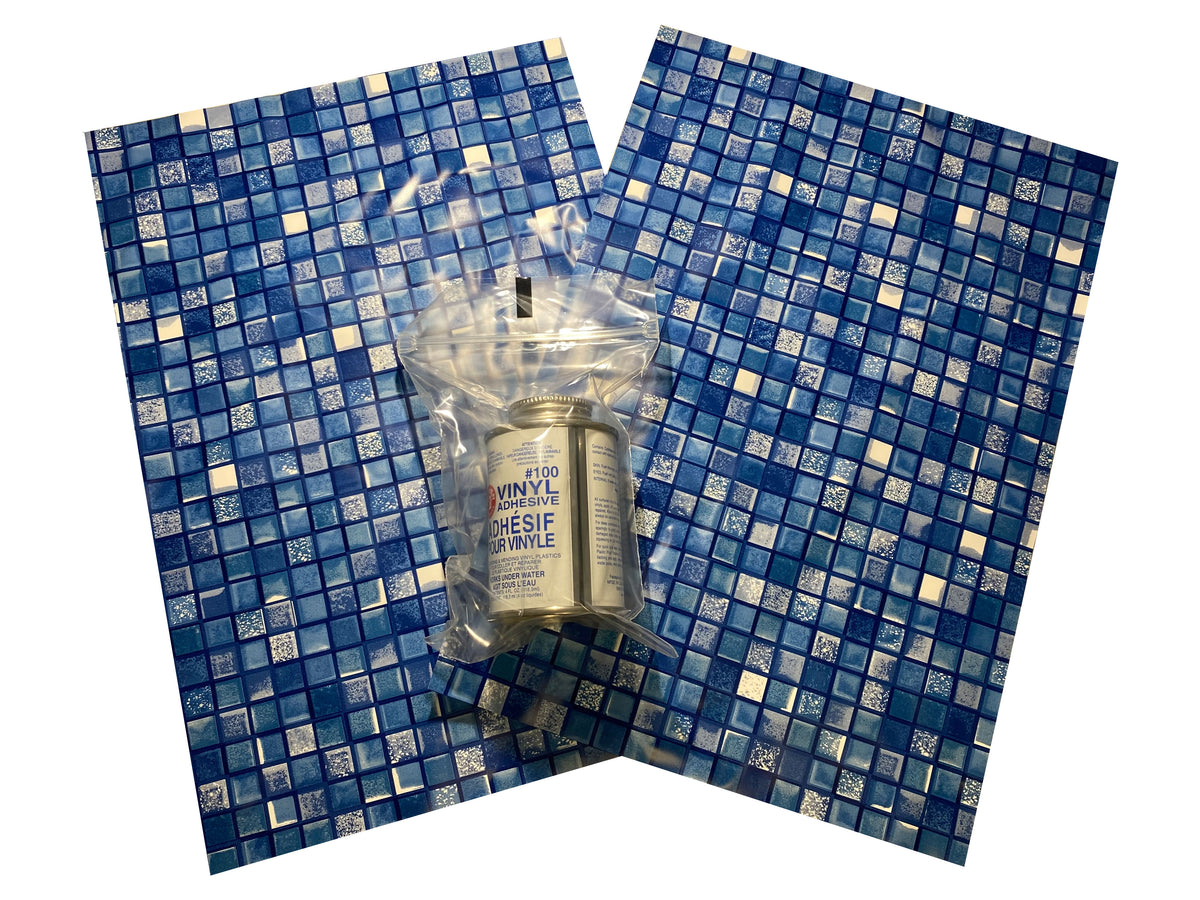 Blue Mosaic Swimming Pool Patch Repair Kit Vinyl Liner 2 Patches 1 ft x 8" with Glue W241