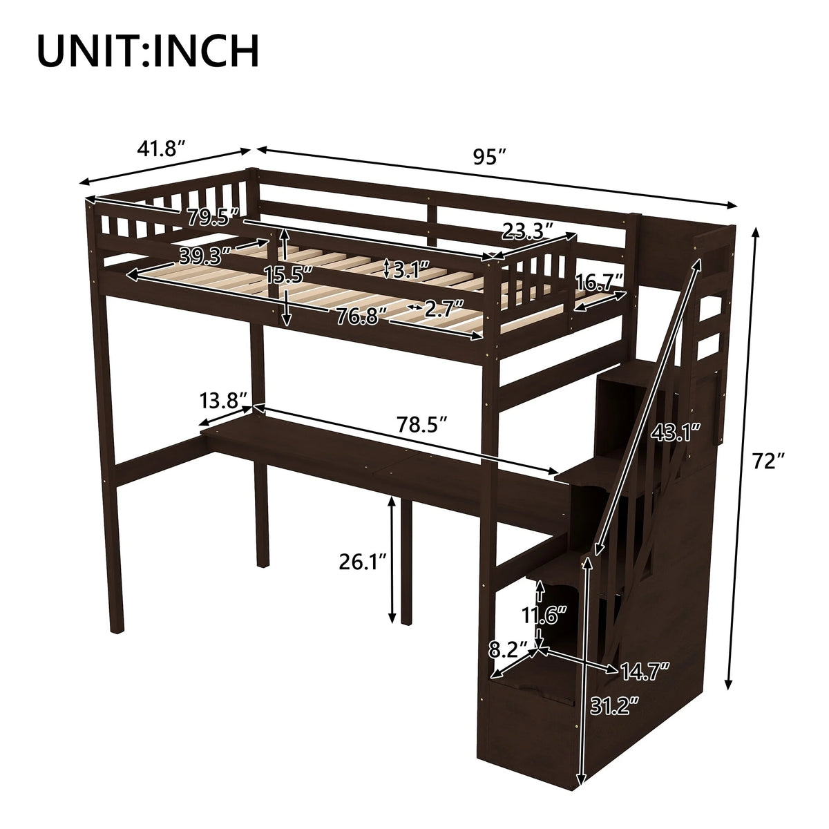 Twin Size Loft Bed with Storage Staircase and Built-in Desk D94511