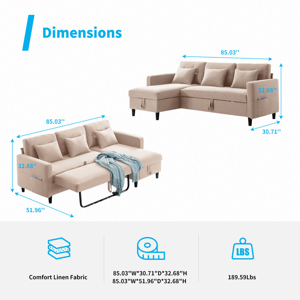 Beige Linen Reversible Sleeper Sectional Sofa with Storage Chaise G131834