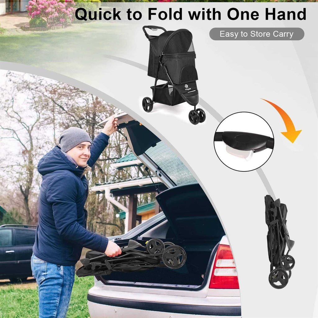 3 Wheels Foldable Pet Stroller with Brake, Canopy, Cup Holders and Storage W7048