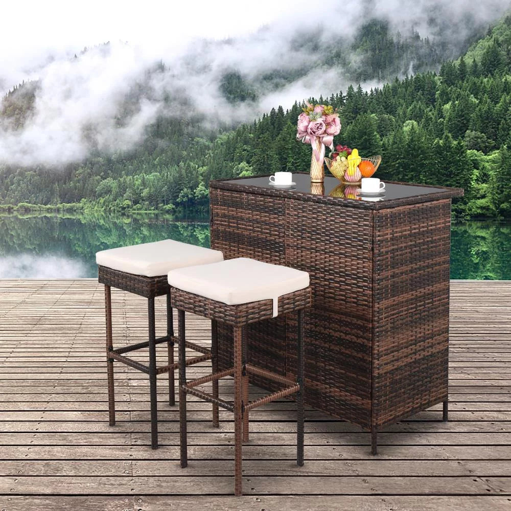 3PCS Patio Rattan Wicker Bar Table Stools Dining Set Brown A6204