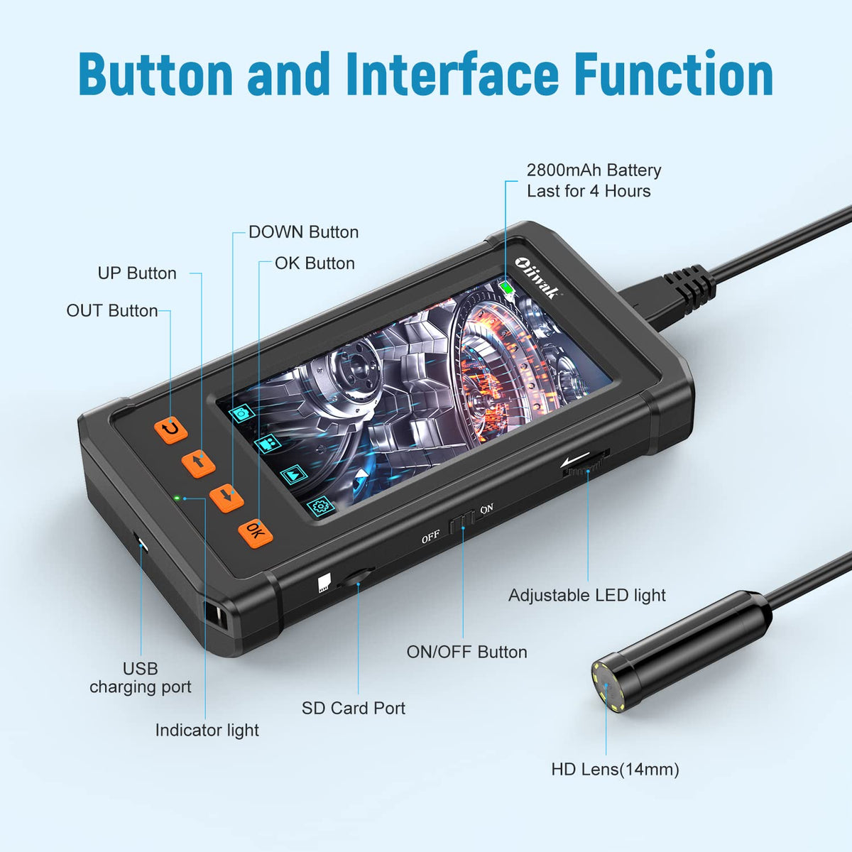 16.5FT 5MP 1944P HD Industrial Endoscope with 4.3'' IPS Screen L78413