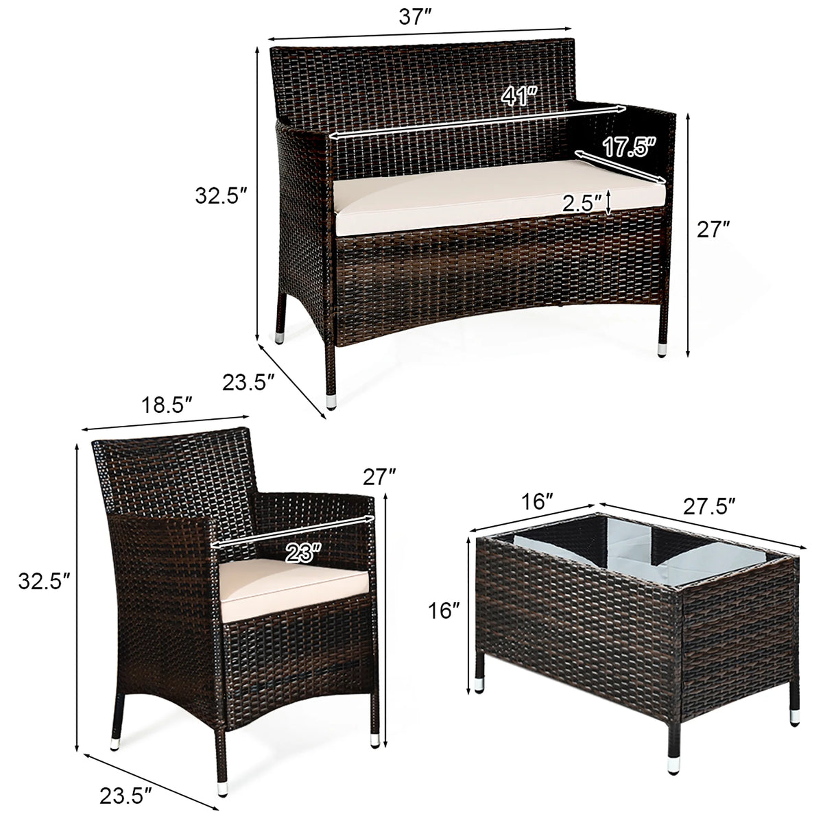 4 Pc Patio Rattan Conversation Furniture Set with Gray Cushion T537