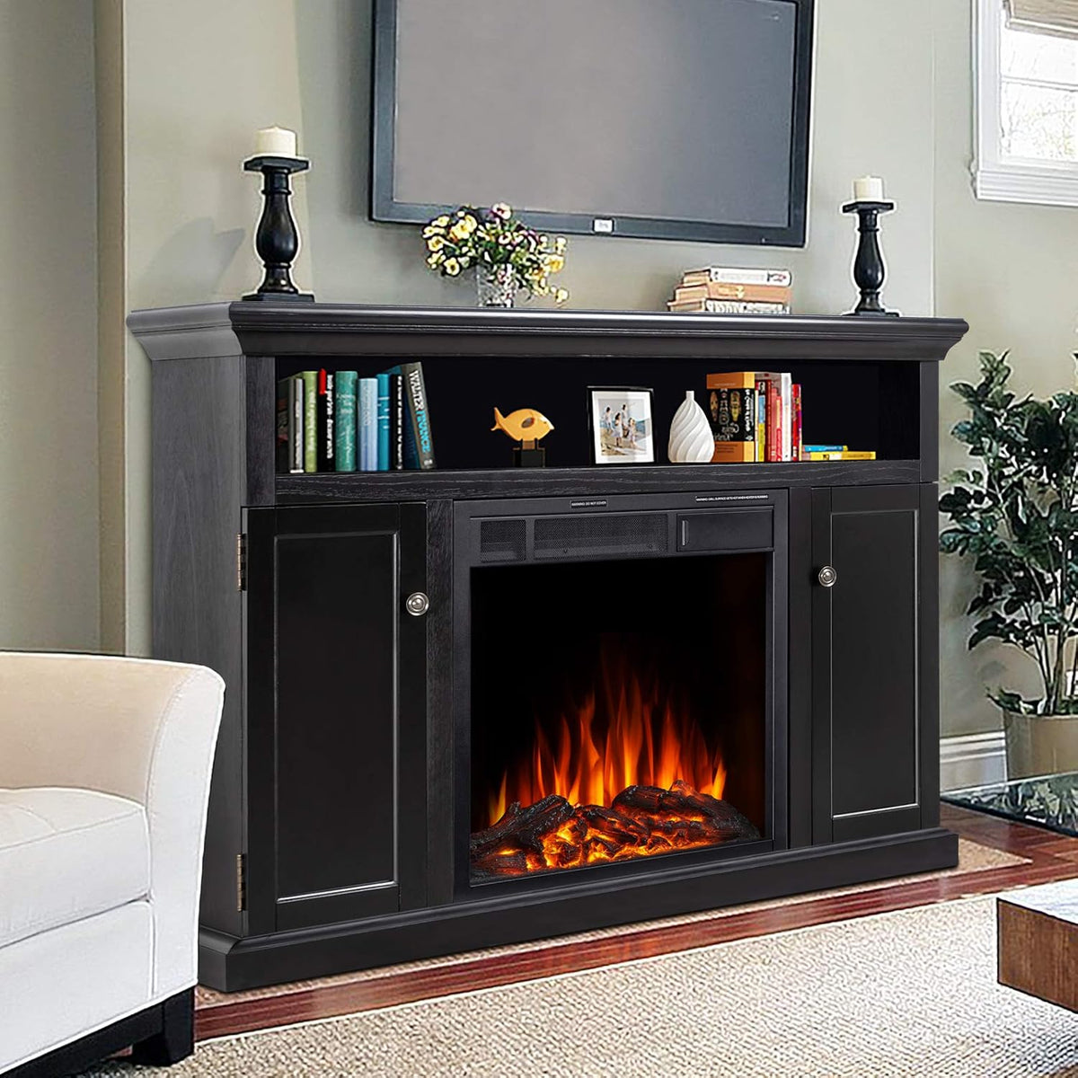 Electric Fireplace TV Stand Wood Mantel with LED Flames, Storage Bin, Remote Control, Dark Espresso M1020