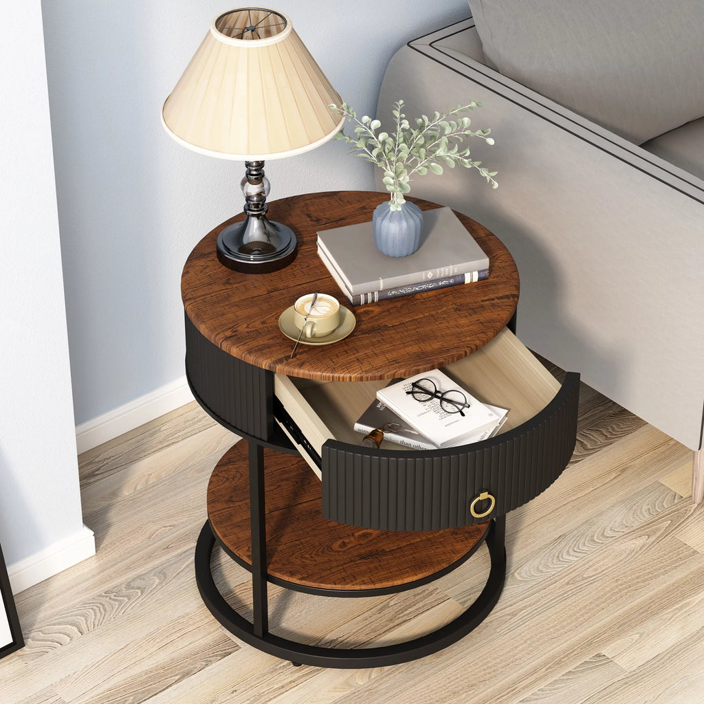 Black Metal 2-Tier Round End Table with Drawer L27170