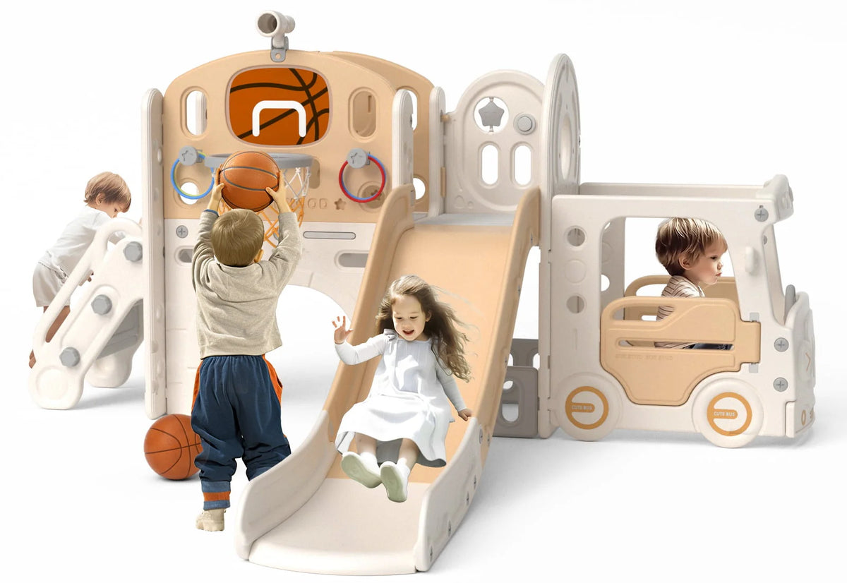 Kids Slide Set with Climber, Basketball Hoop, Tunnel, Playhouse Z94142