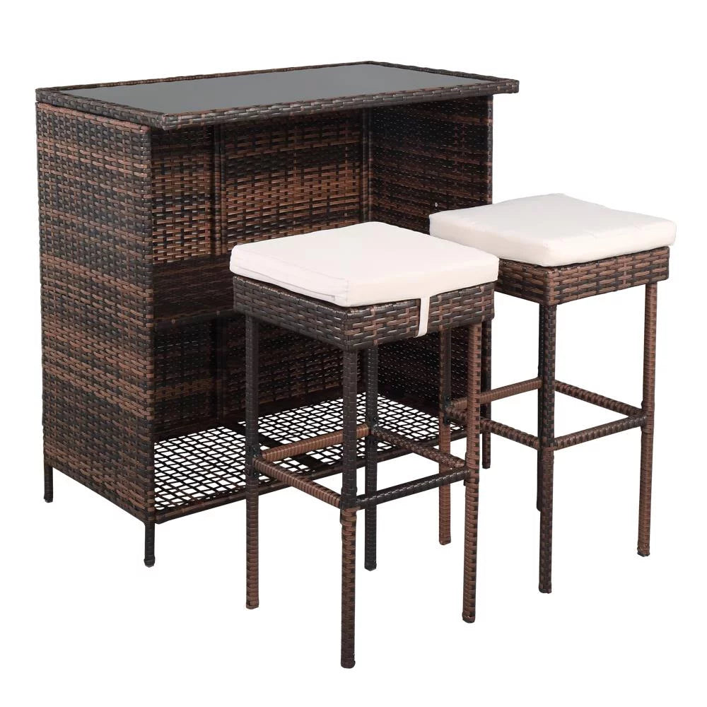3PCS Patio Rattan Wicker Bar Table Stools Dining Set Brown A6204