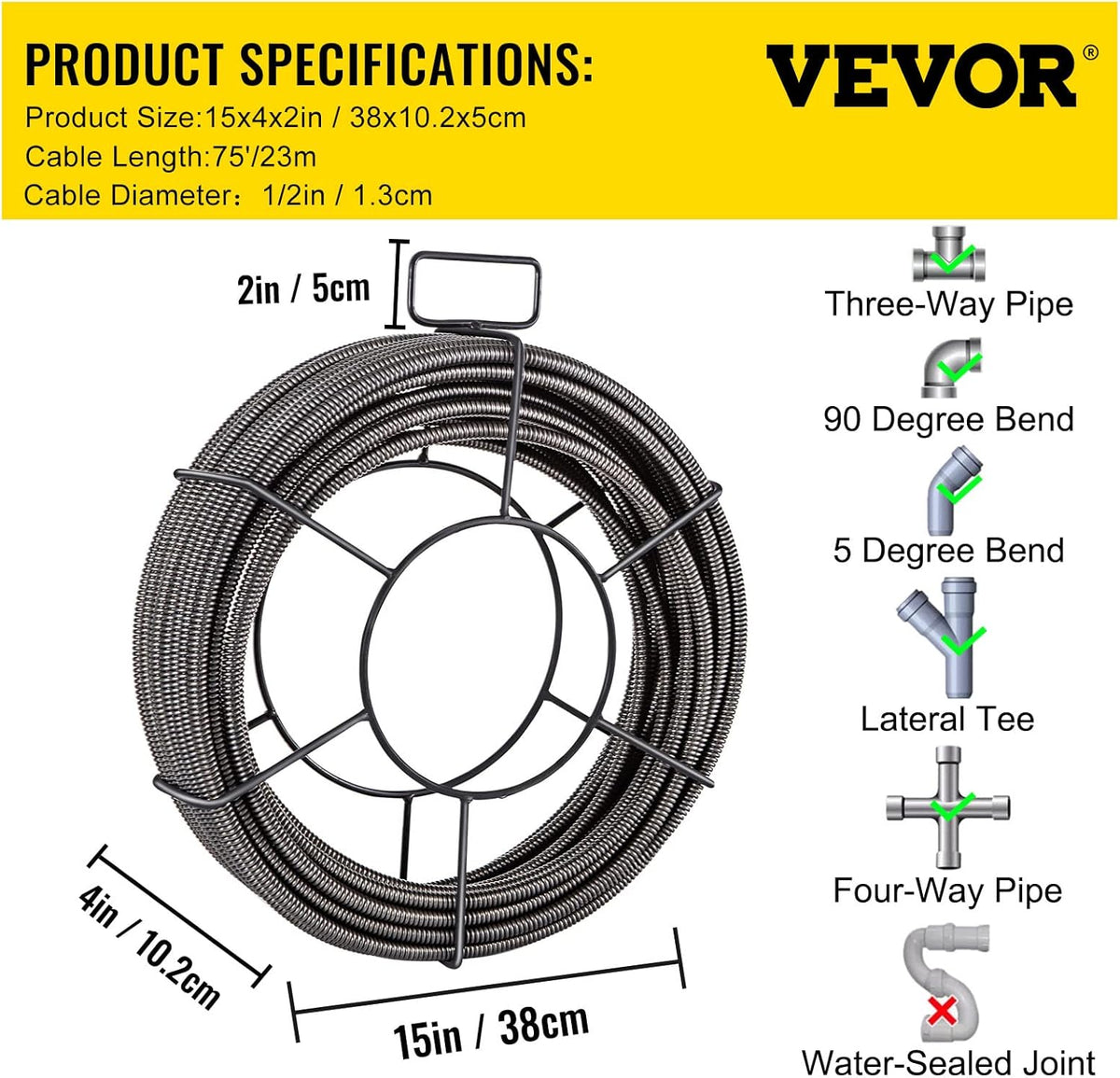 75 Feet x 1/2 Inch Solid Core Drain Cleaning Cable R99519