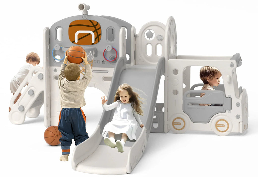 Kids Slide Set with Climber, Basketball Hoop, Tunnel, Playhouse Z94142