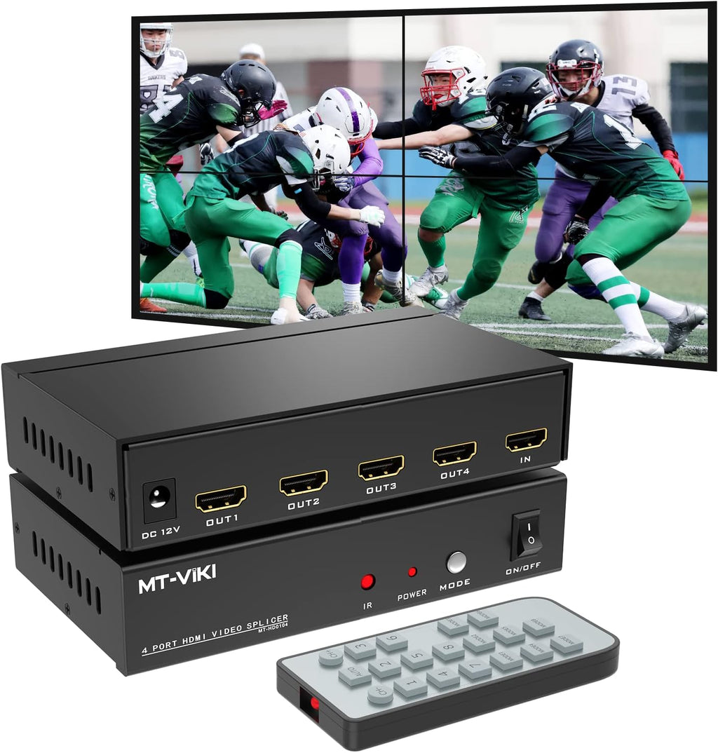 Video Wall Controller 2x2, HDMI TV Wall Processor 4K@30Hz, 4 HDMI Output, 8 Splicing Display Modes B9599