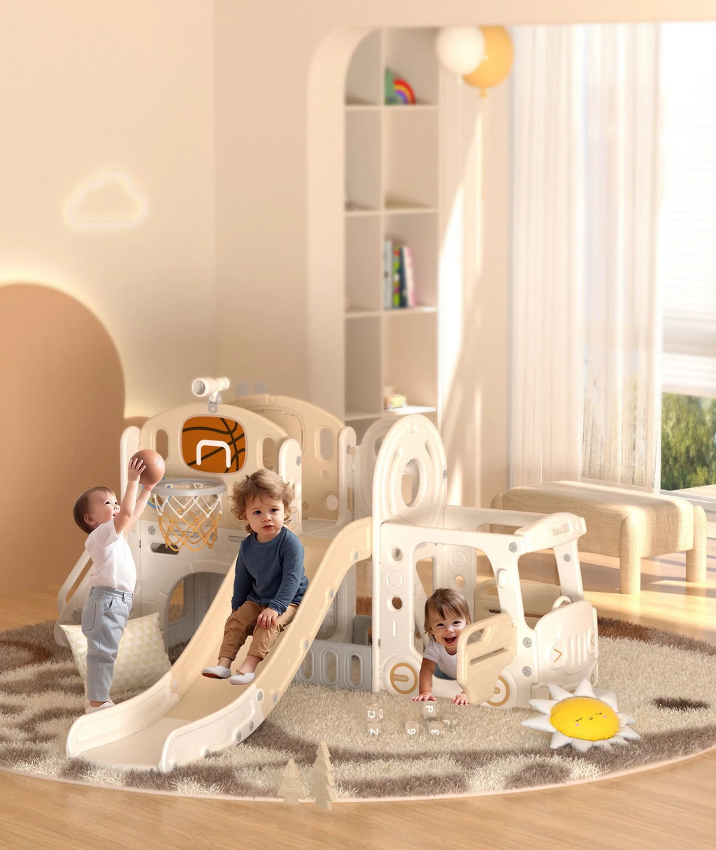 Kids Slide Set with Climber, Basketball Hoop, Tunnel, Playhouse Z94142