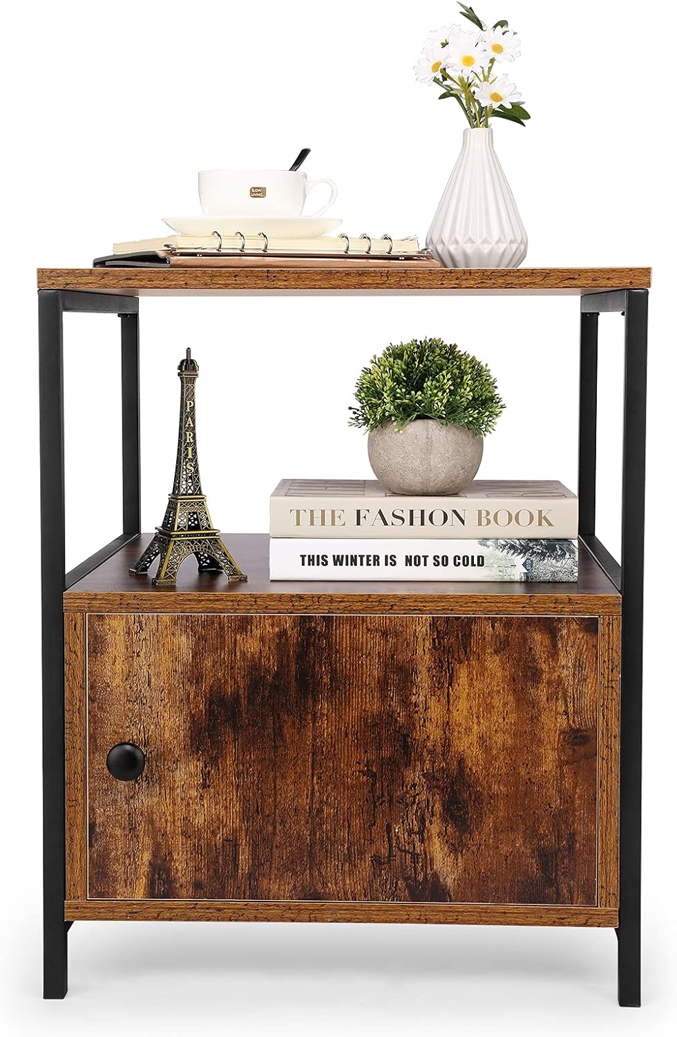 Rustic Brown 3-Tier Nightstand with Steel Frame G91537