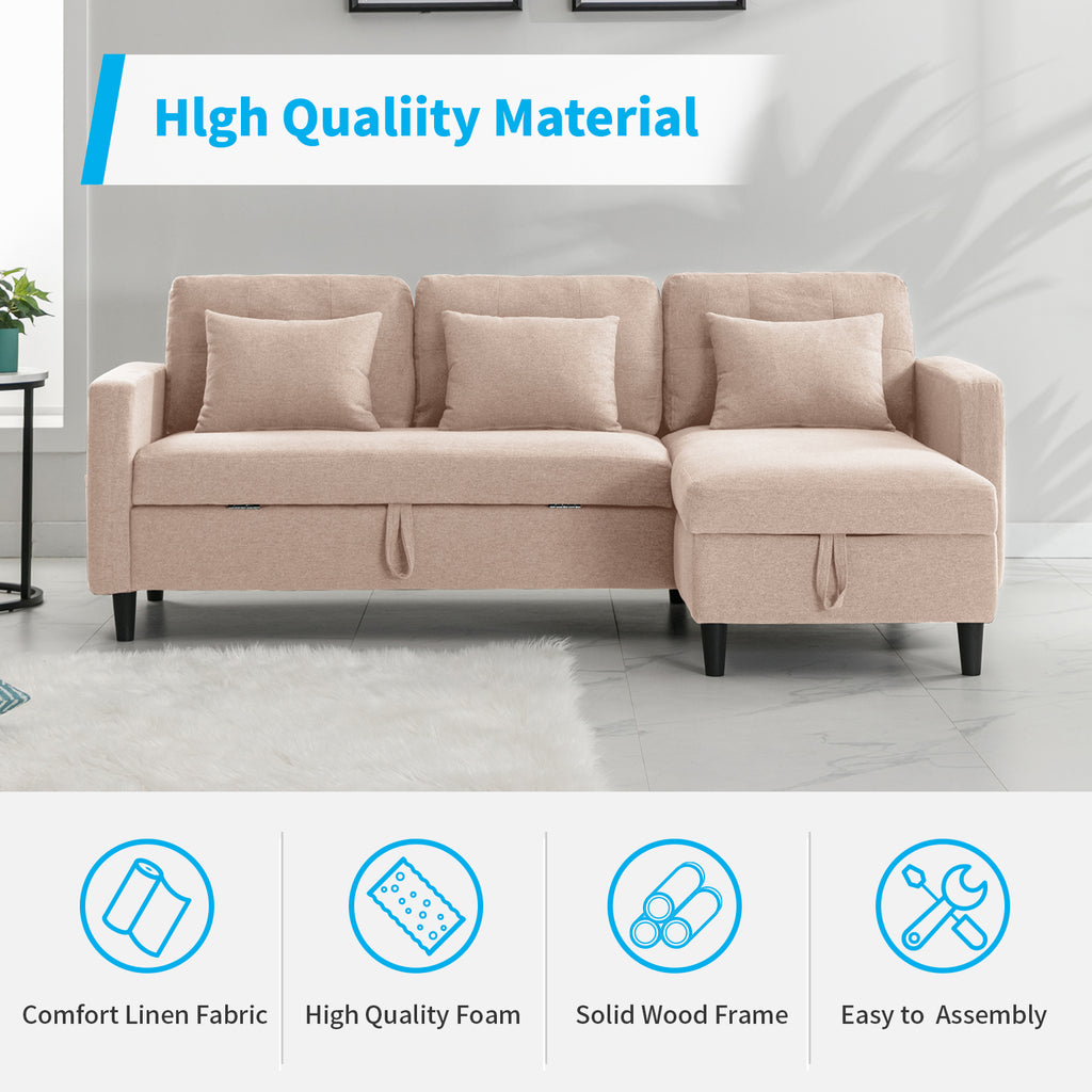 Beige Linen Reversible Sleeper Sectional Sofa with Storage Chaise G131834