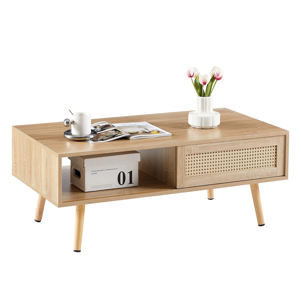 41.34" Rattan Coffee Table with Sliding Door Storage E471233