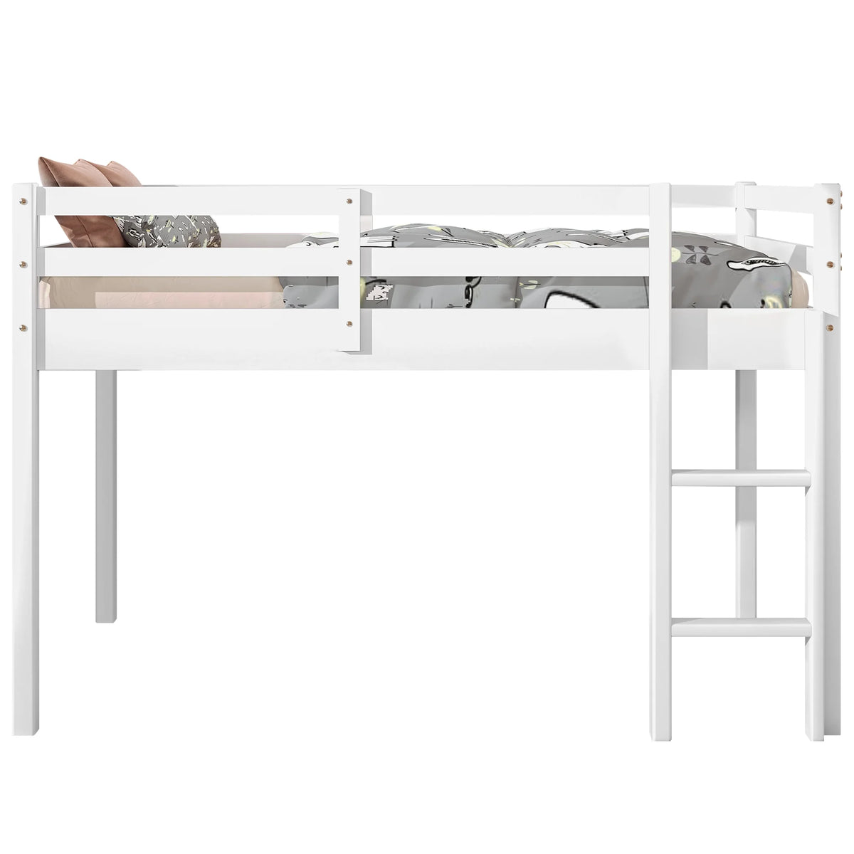 White Twin Size Solid Wood Loft Bed with 14 Wooden Slats S76684