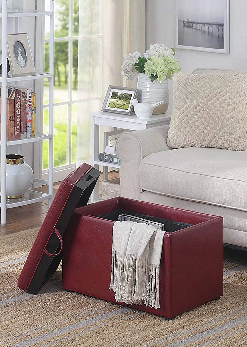 Burgundy Faux Leather Accent Storage Ottoman K53767