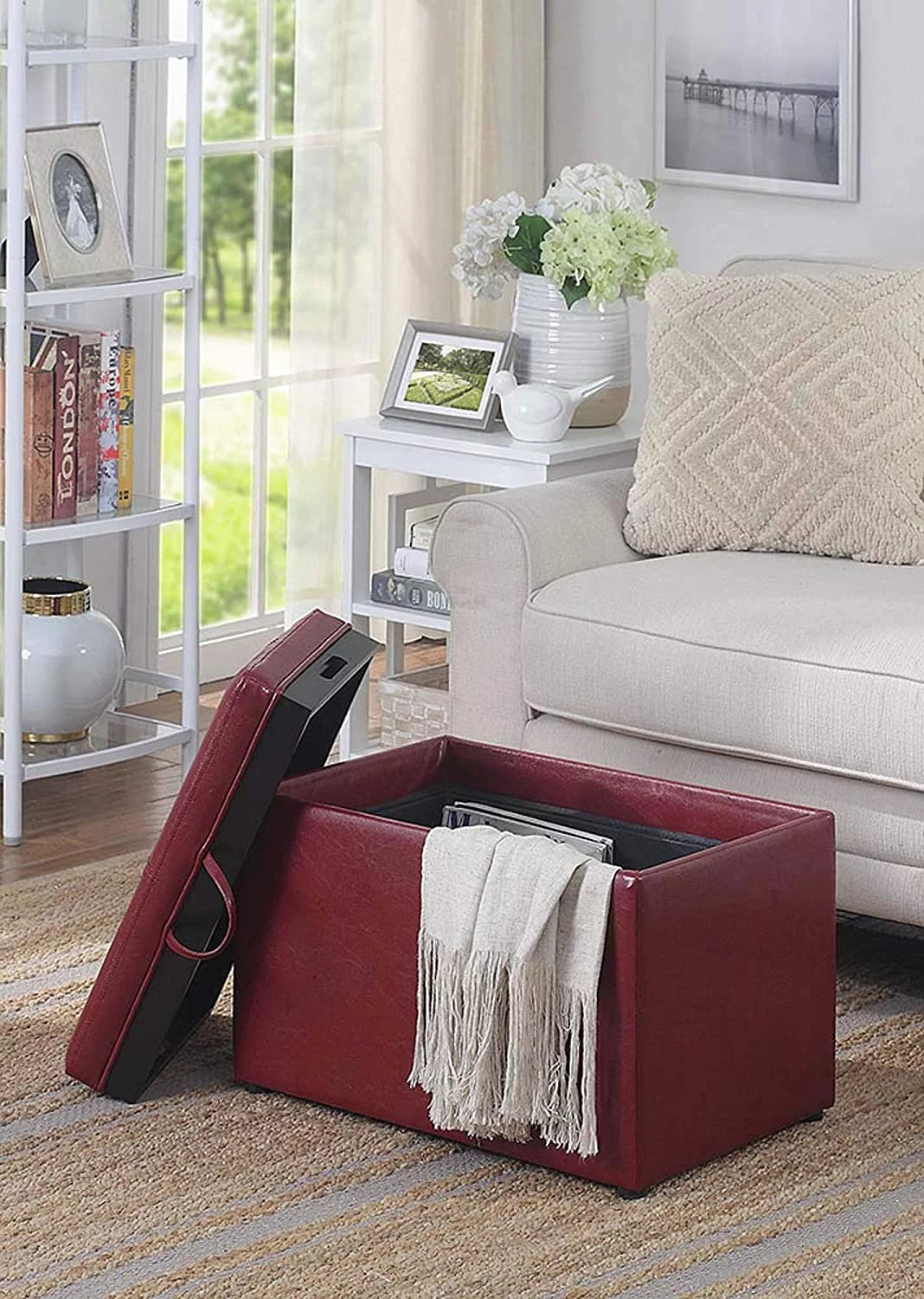 Burgundy Faux Leather Accent Storage Ottoman K53767