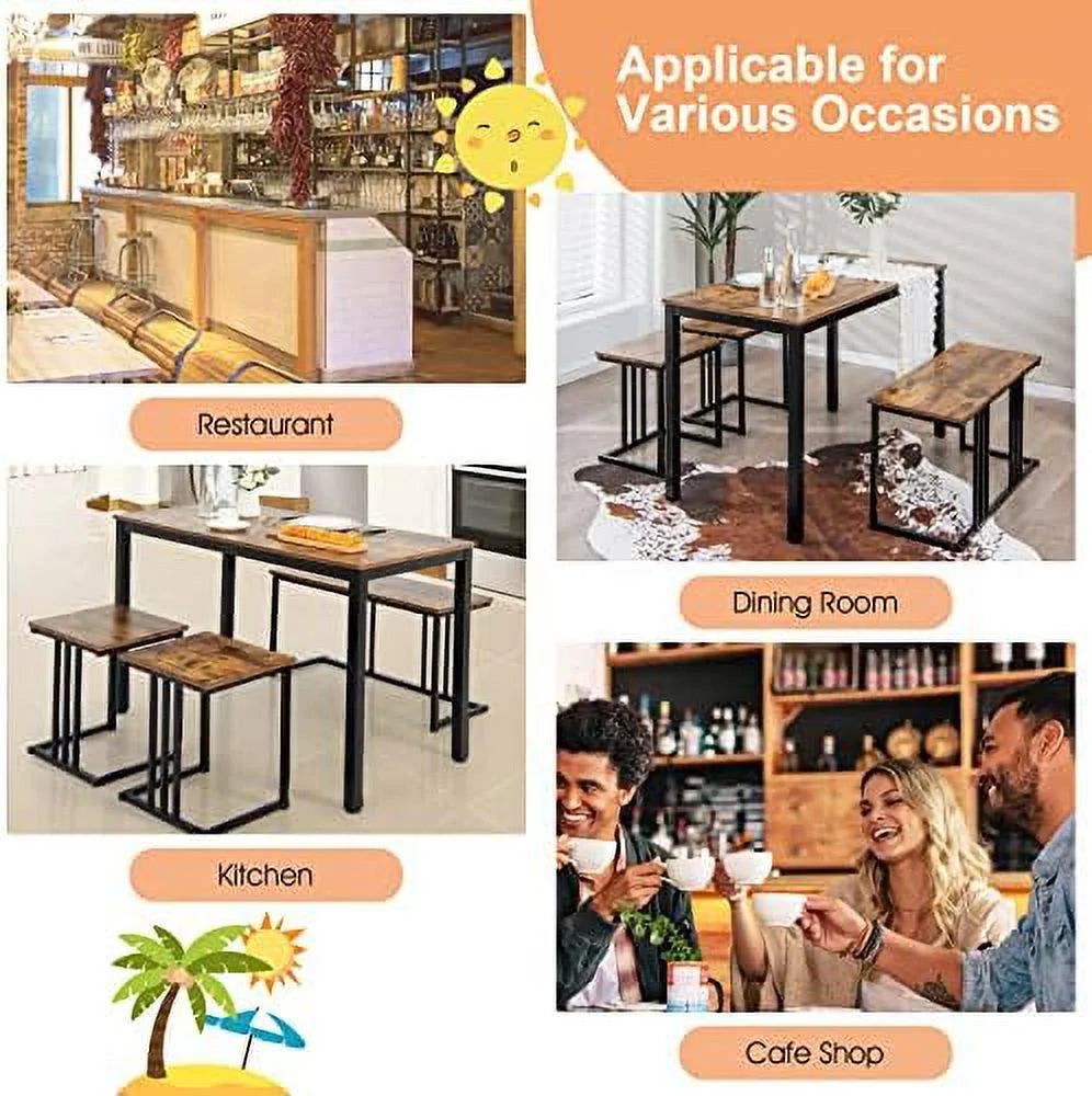 4 Piece Dining Table Set with Bench and 2 Stools E9776