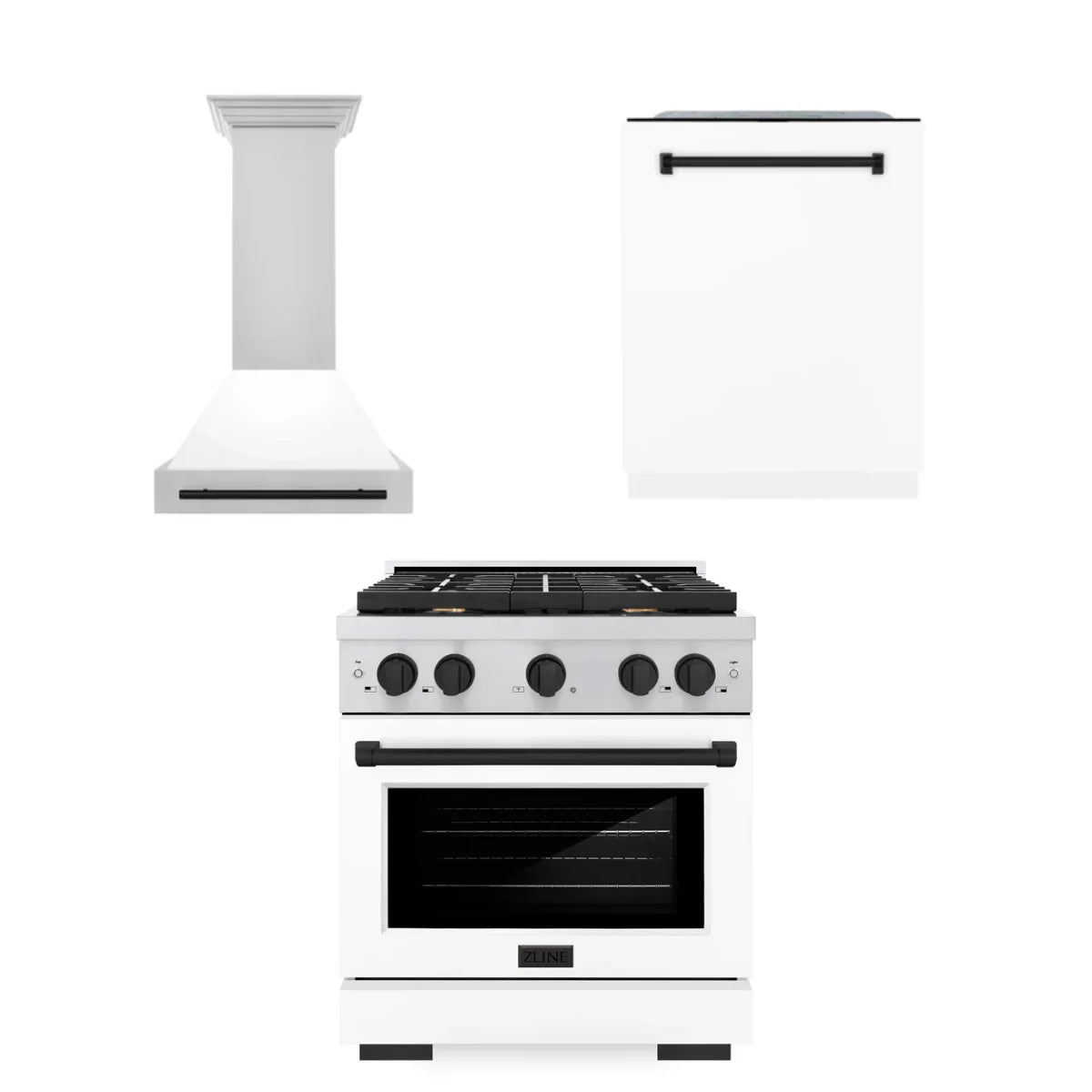30 In. Gas Range, Range Hood, Dishwasher in White J201