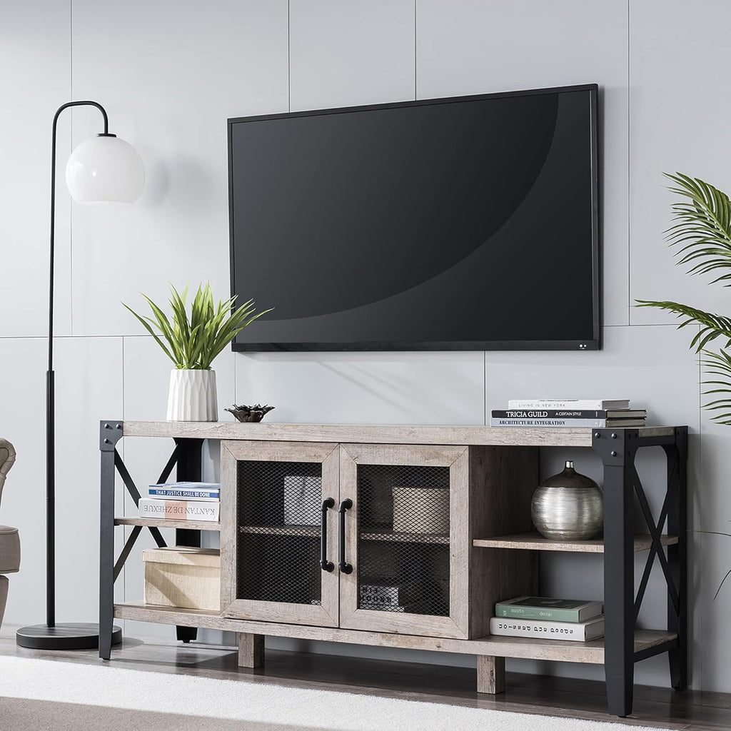 Large TV Stand with Metal Side X-Frame, Light Rustic Oak L3704