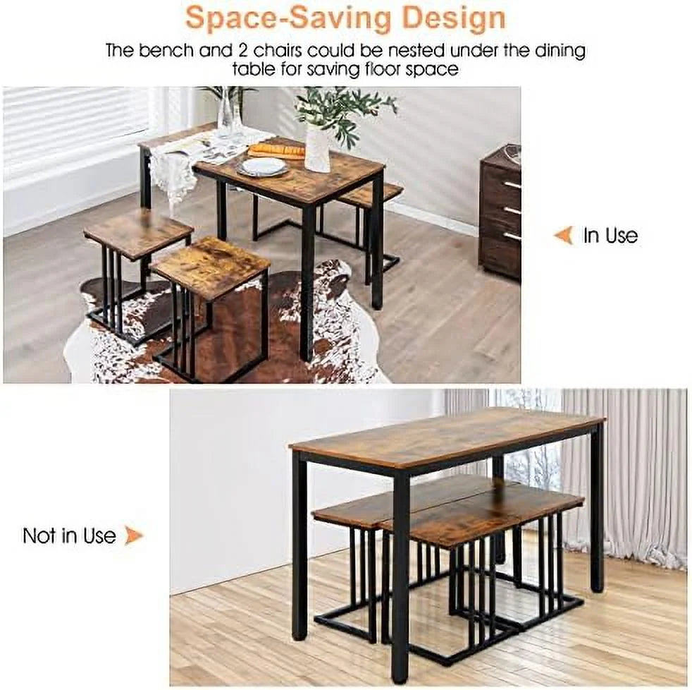 4 Piece Dining Table Set with Bench and 2 Stools E9776